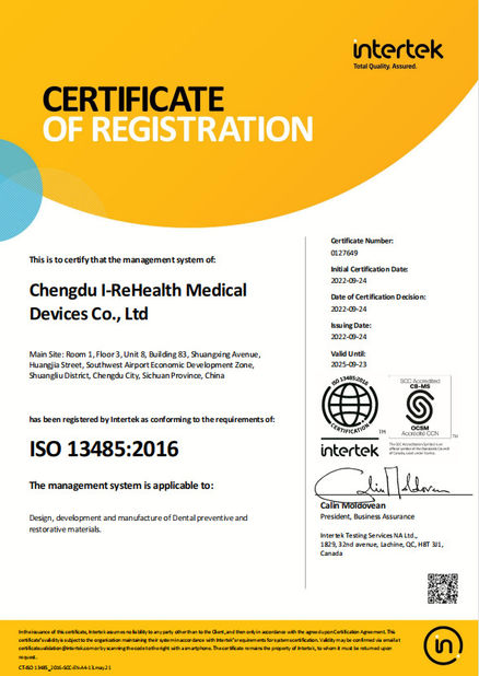 Cina Chengdu I-ReHealth Medical Devices Co., Ltd Certificazioni